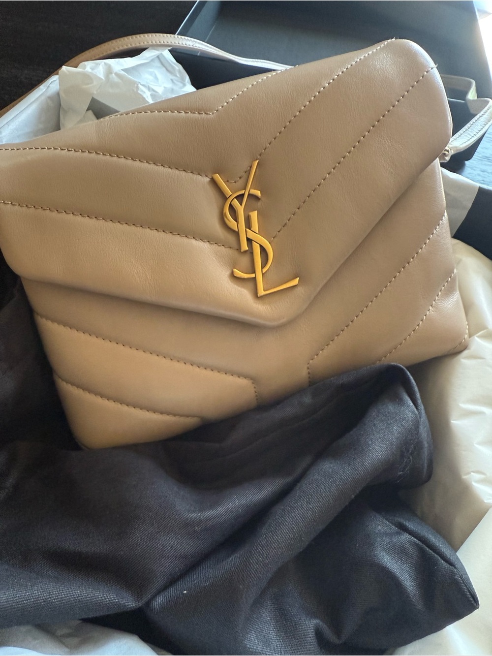 Saint Laurent Tan Quilted Leather Loulou Shoulder Bag with Gold YSL